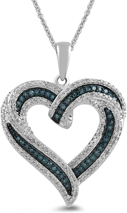 Sterling Silver Blue and White Diamond Heart Pendant Necklace